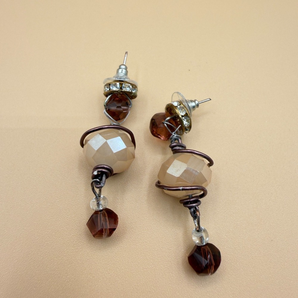 Faceted Cream Brown Bead Dangle Earrings Copper Tone Wire Rhinestone Statement